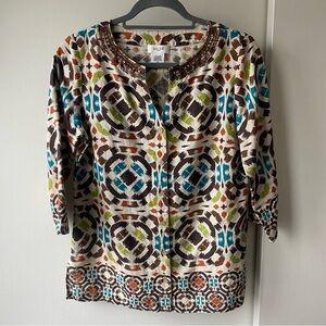 Kate Hill Linen Blouse Petite Small PS  button down Tunic Brown Beige Beaded